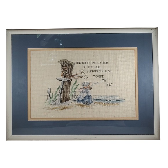 Vintage Nautical Counted‎ Cross Stitch Framed and Matted The Wind And Water SEE - Picture 1 of 10